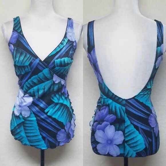 VINTAGE Robby Len Purple Plumbago Dress Swimsuit - Picture 1 of 13